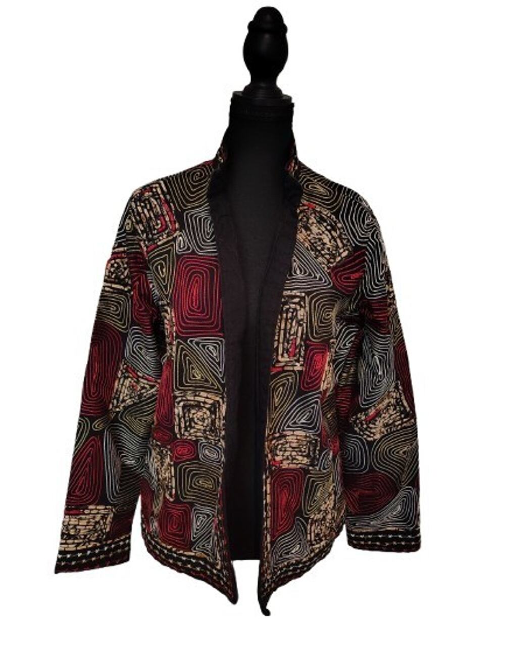 Vintage Life Style Petite Boho Embroidered Art to Wear Cotton Open Front Jacket,
